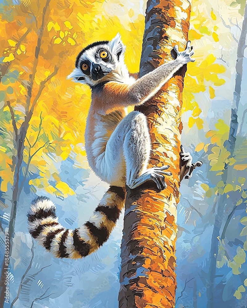 Obraz premium Ring Tailed Lemur Climbing a Tree in a Softly Glowing Forest Environment