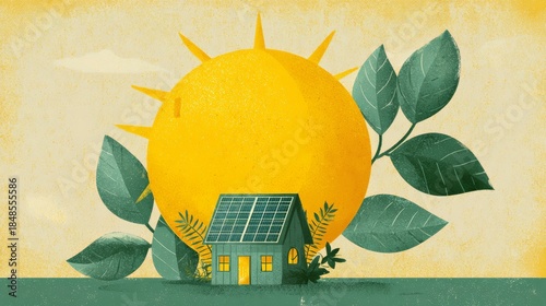 Sustainable Home: Solar Energy, Green Leaves, Warm Sun Illustration