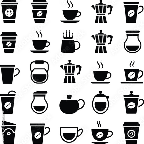 Black and white coffee set with various coffee cups and makers