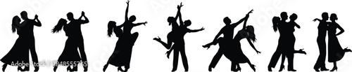 Ballroom dance silhouettes collection, elegant couples performing tango waltz romantic partner poses isolated on white background vector illustration art