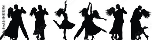 Ballroom dance couple silhouettes, elegant partners performing romantic tango waltz poses isolated on white background vector illustration design collection art