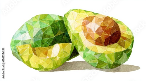 Watercolor Low Poly Avocado Halves: Vibrant Green and Yellow Geometric Fruit Illustration
