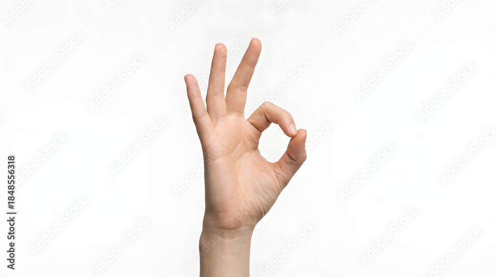 Naklejka premium Expressive human hand making the internationally recognized 'OK' sign, conveying concepts of perfection, approval, and success with a clear, isolated presentation on a bright, uncluttered backdrop