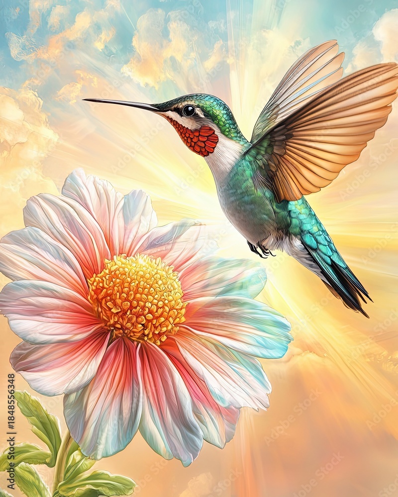 Fototapeta premium Graceful Hummingbird Hovering Near Radiant Flower Under Soft Sunrise Glow