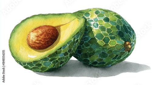 Watercolor Avocado Halves: Vibrant Green, Detailed Texture, Fresh and Healthy Food Illustration