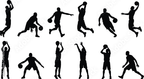 Basketball player silhouettes, black vector illustration, action poses, sports movement, minimal design, white background, cad drawing flat vector illustration