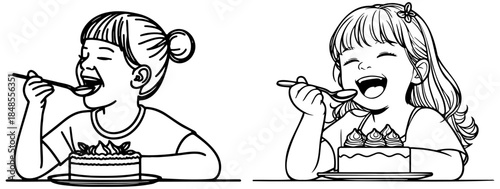 Child Eating Cake Line Drawing.