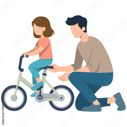 Father Assisting Daughter in Learning to Ride a Bike.