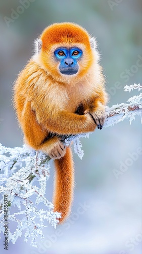 Golden Snub Nosed Monkey Perched on Frosted Branch in a Winter Wonderland Landscape