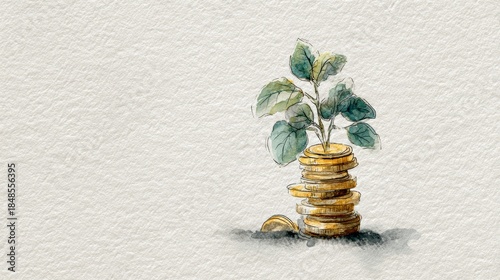 Watercolor illustration: Plant sprouting from gold coins, growth, investment, financial success, serene, minimalist style.