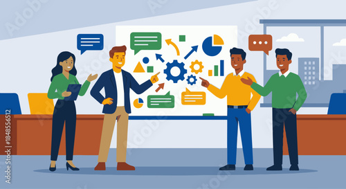 Flat vector illustration of an entrepreneur collaborating with team, simplified human figures, discussion around abstract ideas, solid colour palette, flat vector illustration