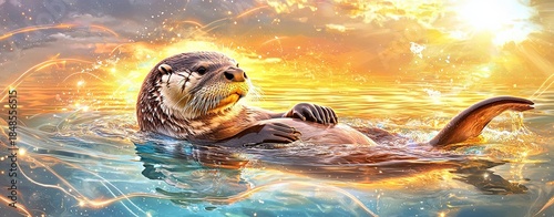 Giant otter swimming gracefully in sparkling waters under a vibrant sunset sky