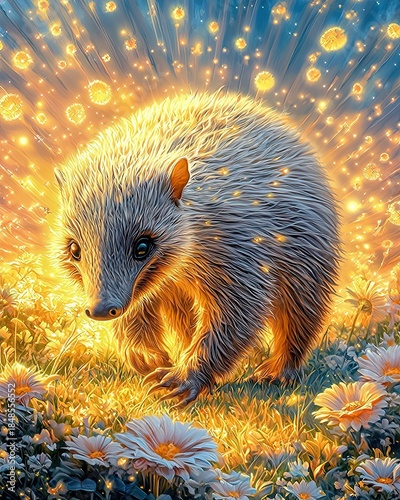 Giant Anteater Walking Through a Glowing Meadow with Blossoms and Sparkling Light Effects