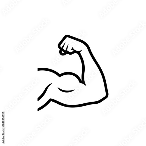 A bold black and white line art icon of a flexed bicep. Minimalist design representing strength, fitness, bodybuilding, and power.