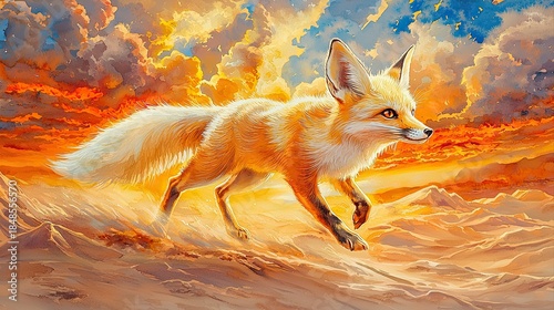 Fennec Fox Prowling in Glowing Desert Landscape Under Dramatic Skies at Sunset