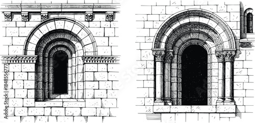 Romanesque Arched Window Architecture Etching Engraving Style Vector Icon Set Isolated Historic Facade Illustration