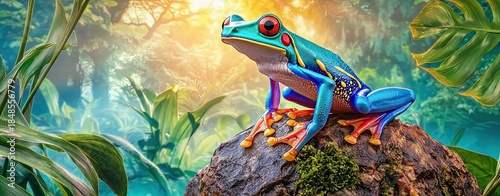 Bright Blue Poison Dart Frog Perched on Rock in Lush Green Jungle Environment