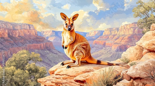 Brush Tailed Wallaby Standing on Rock in Scenic Desert Landscape with Glowing Sunset View