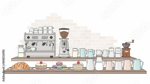 Charming Cozy Coffee Shop with Modern Espresso Machines, Pastries, Cups, and Warm Atmosphere