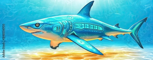 Illustrated Angel Shark in Digital Watercolor Style with Vibrant Colors and Underwater Background