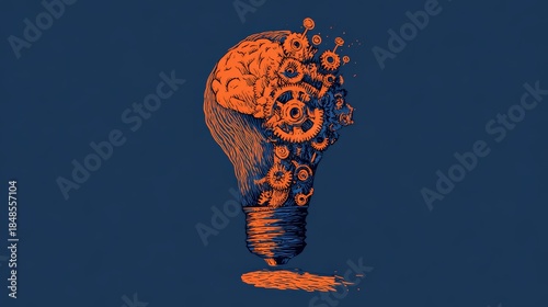 Intricate Gear-Driven Brain Lightbulb:  Abstract Vector Illustration,  Steampunk Style,  Innovative Concept.
