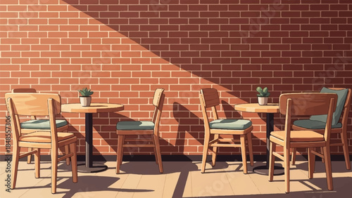 Relaxing Outdoor Seating with Wooden Tables, Chairs, and Rustic Red Brick Wall Under Soft Daylight