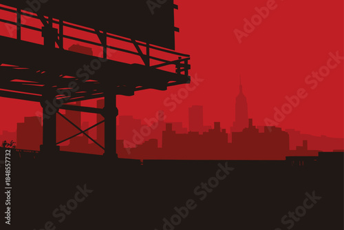 Dramatic cityscape silhouette against a fiery red sky with bridge architecture emphasizing urban intensity and a modern, stylized design for impactful projects