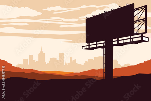 Advertise creatively on a billboard in a city setting with a stunning skyline view, ideal for outdoor marketing campaigns and impactful brand messaging