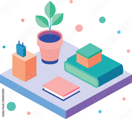Isometric Study Desk Illustration – Books, Plant & Workspace Setup