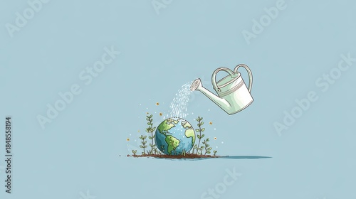 Watering Can Nurturing Earth:  Hand-drawn Illustration, Pastel Color Palette, Hopeful and Sustainable Concept.