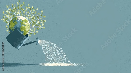 Earth in Watering Can:  Hopeful Green Illustration, Environmental Conservation Concept, Sustainable Growth