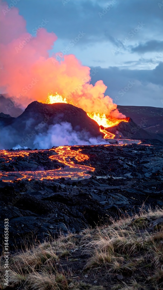 Fototapeta premium Glowing volcano at dusk, with rivers of molten rock and wisps of steam