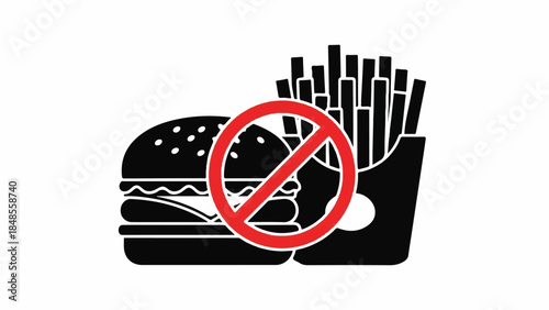 Prohibited Fast Food Illustration Featuring Burger and Fries with Prohibition Symbol