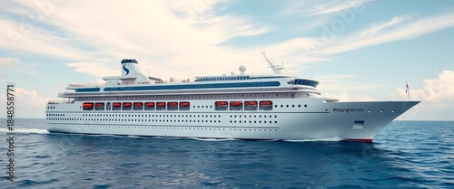 Sleek ocean liner, majestic white hull, multiple decks, lifeboats,  graphic,  illustration