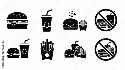 Collection of fast food icons including burgers, drinks, and fries viewed from directly above in a clean and simple graphic style