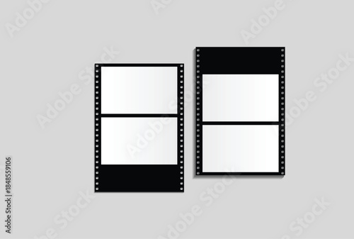 Vintage black film strip frames mockup with blank white placeholders. Movie cinema borders for photography, video editing assets, and nostalgic retro graphic.Art design reel cinema filmstrip template
