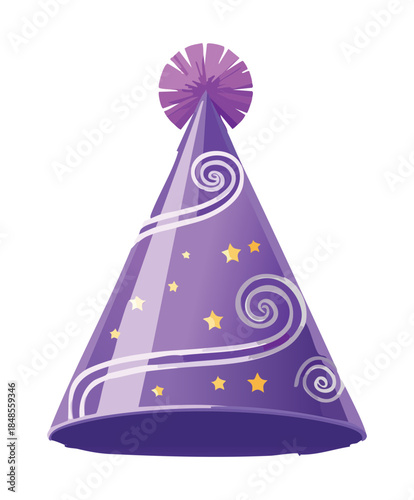 Elegant purple party hat with golden stars and tassel for birthday celebration and festive holiday event decoration