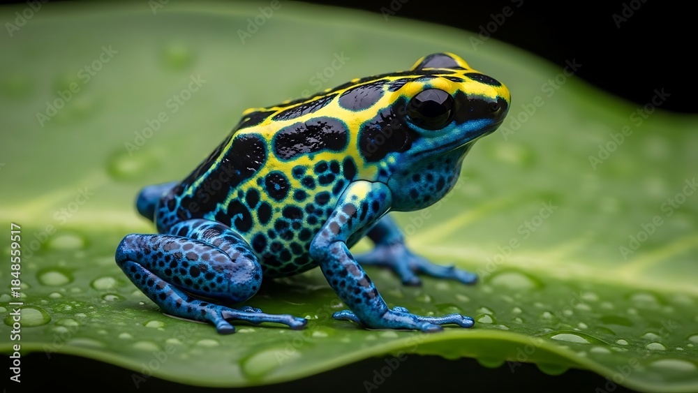 Obraz premium Vibrant poison dart frog on green leaf with water droplets