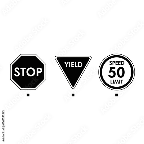 Essential traffic road safety signs including stop yield and speed limit 50 for clear regulation and guidance