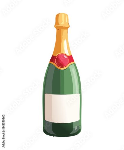 Premium green champagne bottle with golden foil and white label for luxury holiday toast and wedding celebration