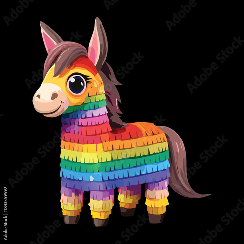 Traditional mexican donkey piñata on black background for festive birthday party celebration and colorful carnival event
