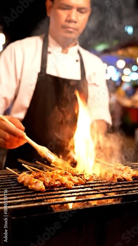 A chef in an apron bastes smoky meat skewers cooking on a fiery charcoal grill