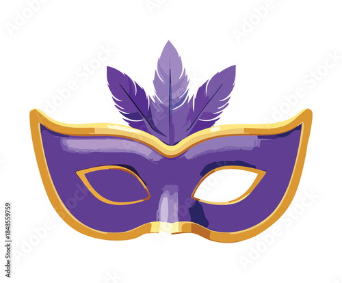 Majestic purple masquerade mask with large feathers and golden details for mysterious carnival festival and ball celebration