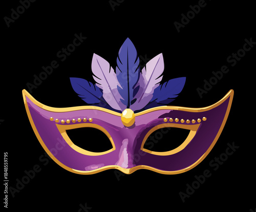 Ornate purple masquerade mask with feathers and golden patterns for mysterious carnival festival and ball celebration event