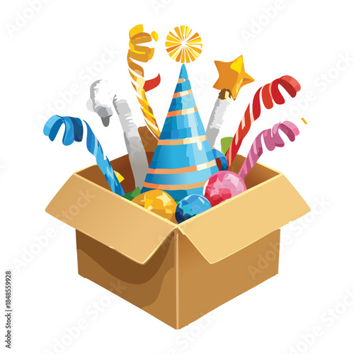 Cardboard box overflowing with festive party accessories including hats and colorful streamers for birthday event celebration