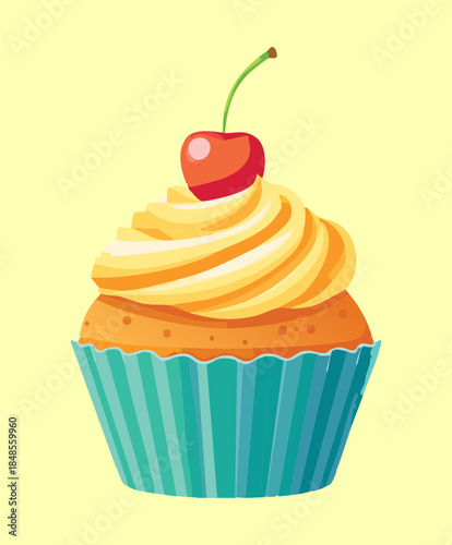 Delicious vanilla cupcake with swirl cream topping and a fresh red cherry for birthday party dessert celebration