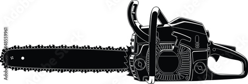 Chainsaw silhouette illustration, powerful cutting tool for forestry work, black white minimalist vector equipment design isolated on white background