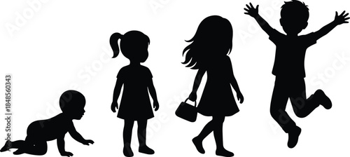 Children growth stages silhouette baby toddler kid development progression childhood concept illustration isolated white background vector design