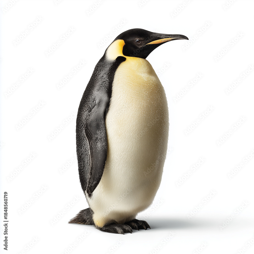 Naklejka premium AI-generated image - A majestic Emperor Penguin (Aptenodytes forsteri) captured in a professional studio setting against a clean white background. 