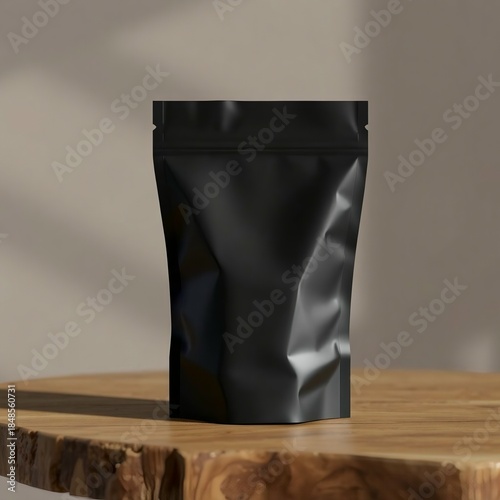 Black stand up pouch with zipper on wooden table with natural light and shadow